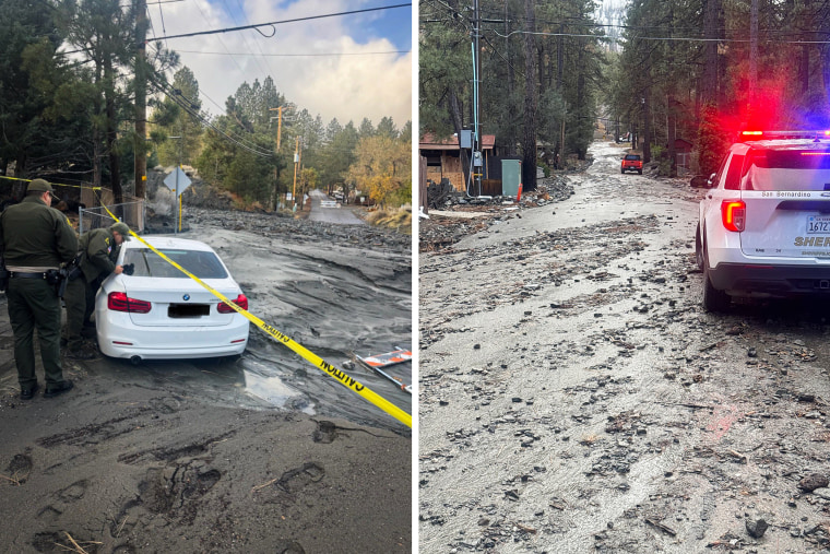 Images posted on Twitter by the Victor Valley Sheriff's Station show firefighters responding to a call during flooding in San Bernardino, California.