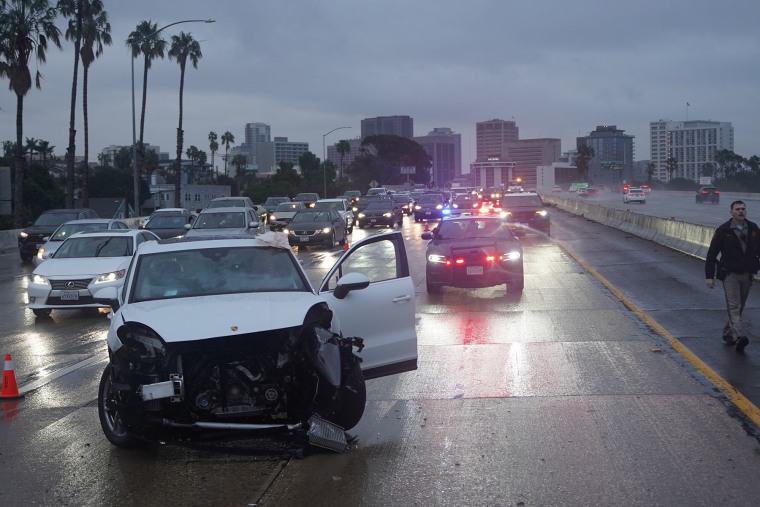 A multiple vehicle crash on the I-5 North during a rainstorm in San Diego on Dec. 24, 2025. 
