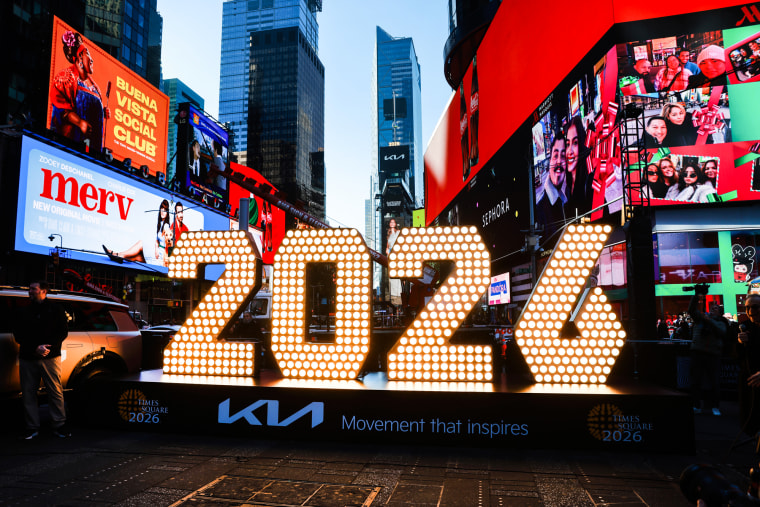New Year's Eve ball drop numbers for 2026 are displayed in Times Square