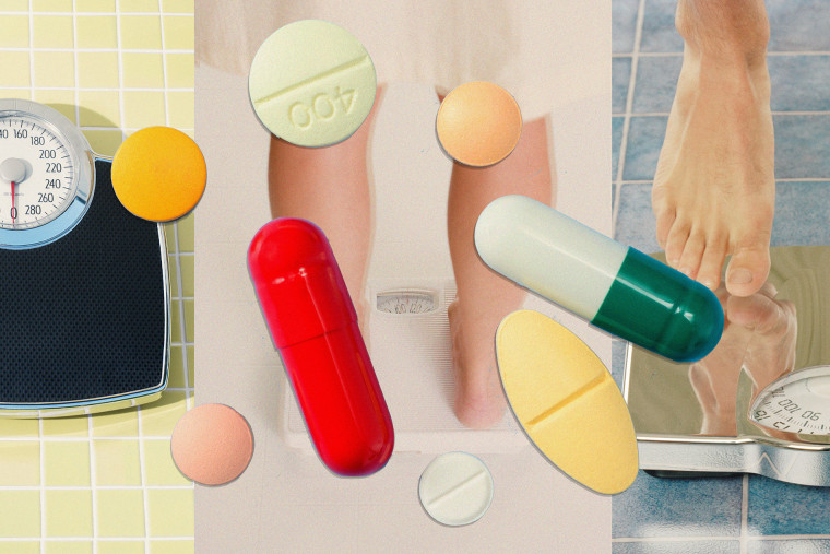 Photo illustration of scales and a variety of pills