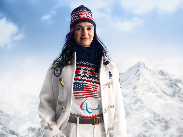 Snowboarder Brenna Huckaby models Team USA’s opening ceremony uniform, designed by Ralph Lauren.