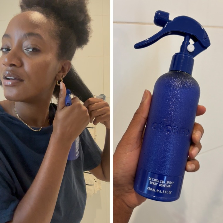 Morris using the Cecred Detangling Spray (R)The Cecred Detangling Spray held in front of a tiled bathroom wall.