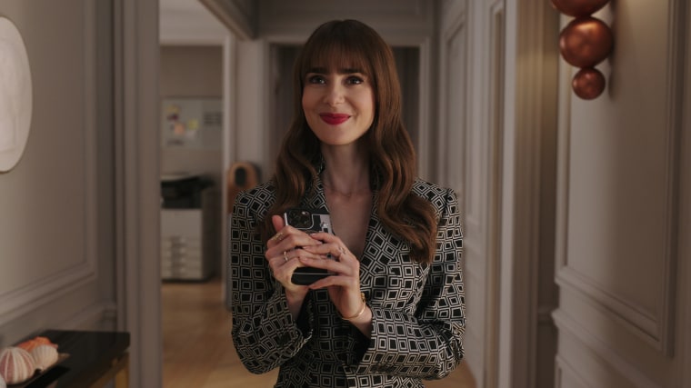 Lily Collins in "bangs injury" on "Emily in Paris" Season 3.