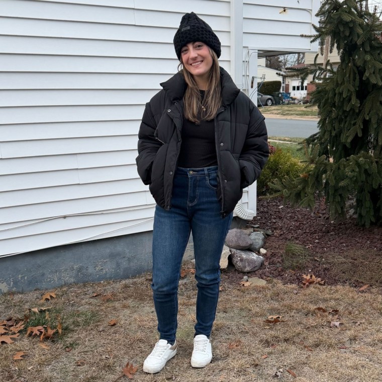 Commerce writer Danielle Murphy wearing the Heipeiwa Fleece-Lined Jeans.