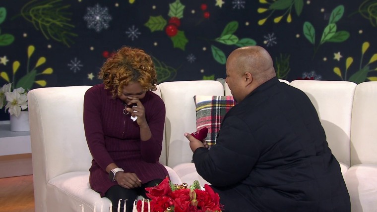 Marquitta Foster cries while Justin Waddell pops the question on TODAY with Jenna & Friends.