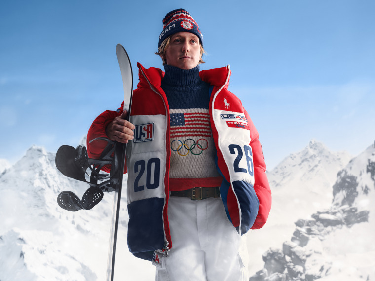 Snowboarder Red Gerard models Team USA’s closing ceremony uniform, designed by Ralph Lauren.