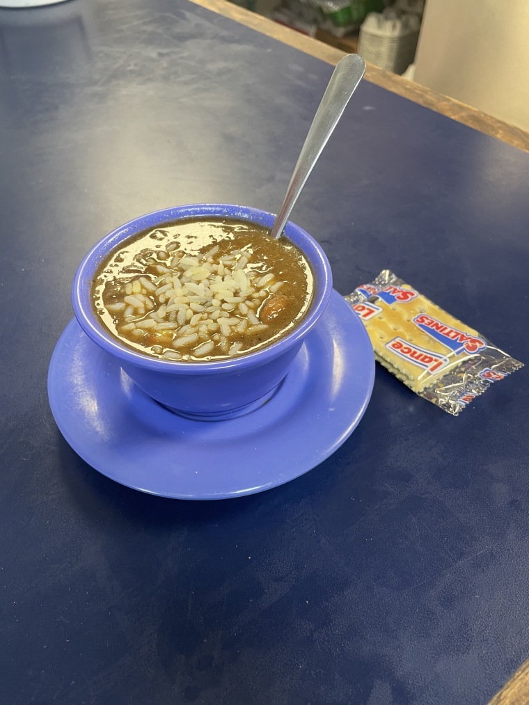 A cup of gumbo — Hicks' favorite — served at Shrimp Basket in Pensacola, Florida on Dec. 18.
