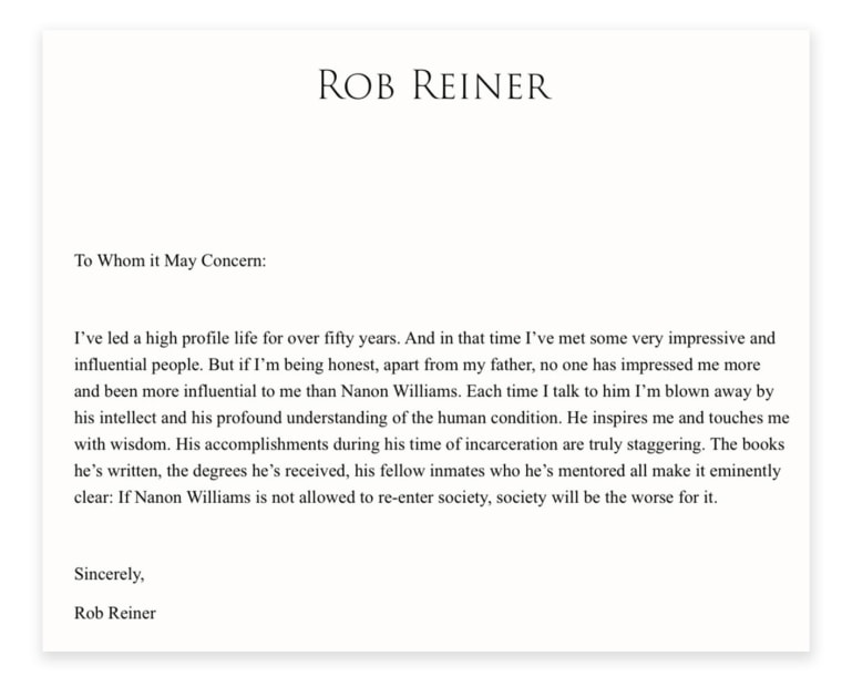 Letter from Rob Reiner about Nanon Williams
