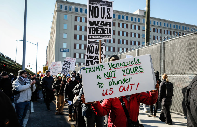People protest against war in Venezuela outside