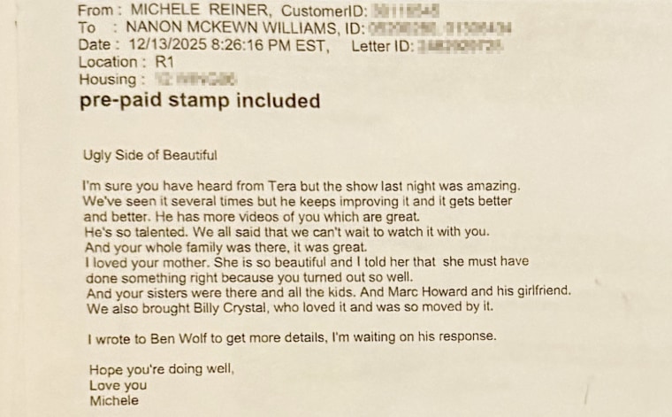 An e-mail from Michele Reiner to Nanon Williams from Dec. 13, 2025.