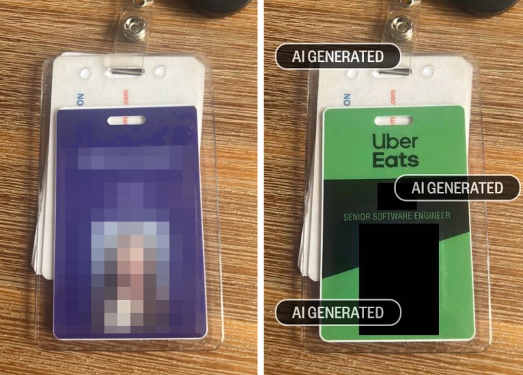 The NBC News reporter sent a photo of her employee badge, left, and the poster sent journalists what appeared to be an Uber Eats employee badge after that, right.