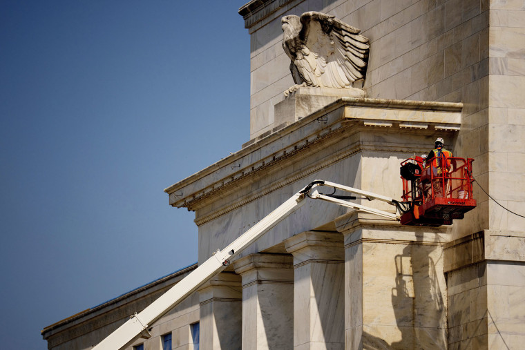 The front facade of the Marriner S. Eccles Federal Reserve Board Building during renovations on July 24, 2025.