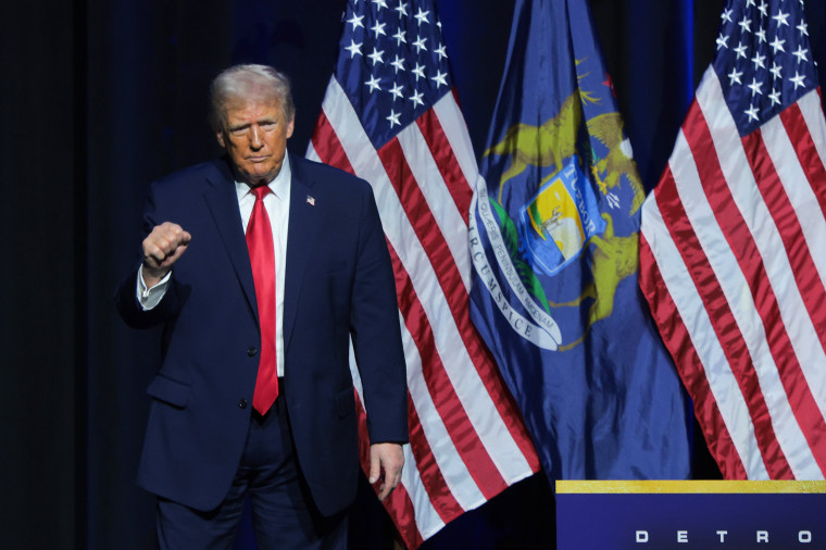 President Donald Trump departs after delivering remarks to members of the Detroit Economic Club on Jan. 13, 2026.