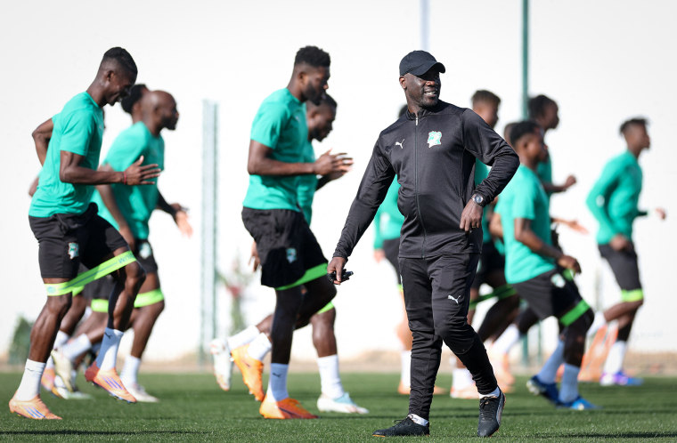 Ivory Coast's head coach Emerse Fae conducts a training session at the Agadir Stadium in Morocco, on Jan. 9, 2026.