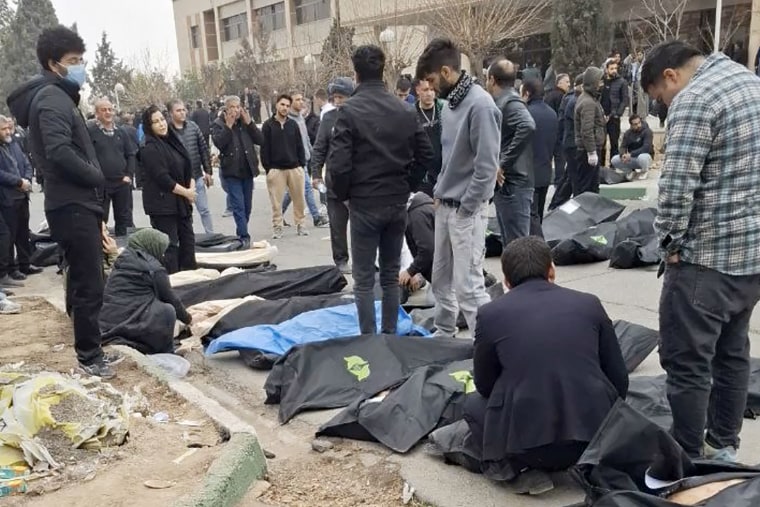 Body bags are lined up at the Tehran Province Forensic Medicine Diagnostic and Laboratory Center in the city of Kahrizak, in a video circulated on social media Monday.
