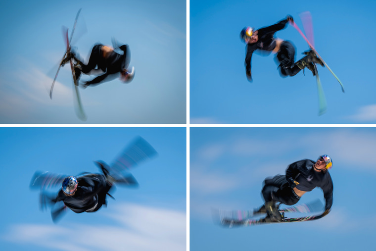 A composite of multiple photographs shows freestyle skier Mac Forehand practicing a switch triple cork 1980 mute while jumping onto an airbag