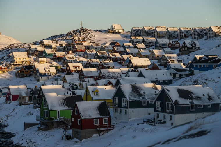 Snow-covered houses in Nuuk, Greenland on Jan. 20, 2026.