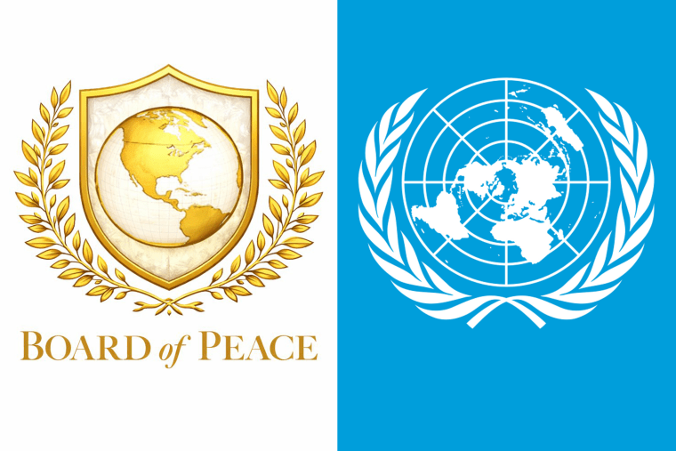 Logos for The Board of Peace and the United Nations.