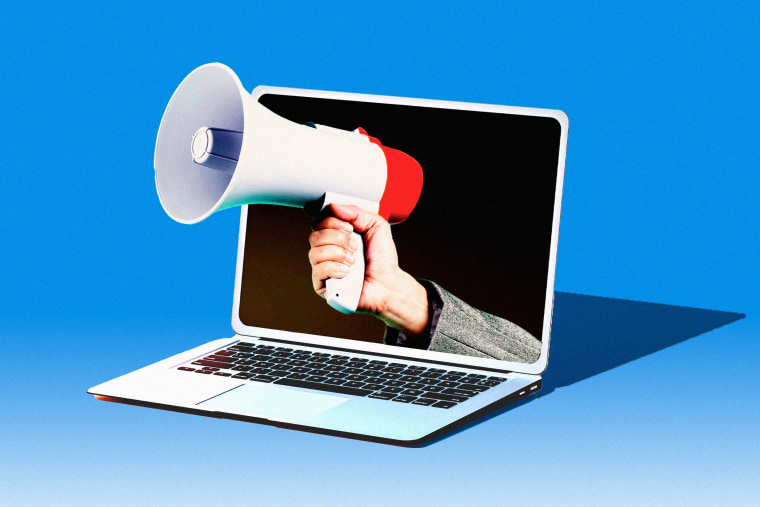 Photo illustration of hand holding a megaphone out of a laptop 