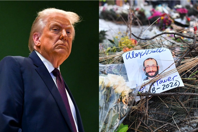Composite image of Donald Trump and a picture of Alex Pretti at his memorial in Minneapolis, MN.