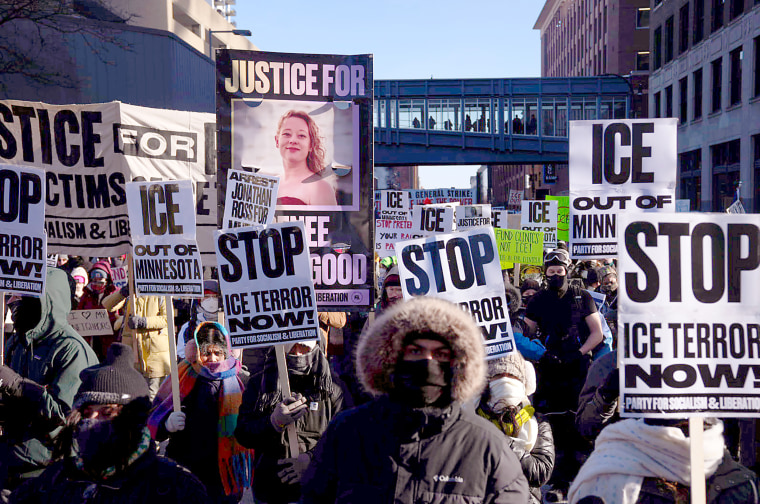 In sub-zero temperatures, demonstrators marched in downtown Minneapolis, Minn
