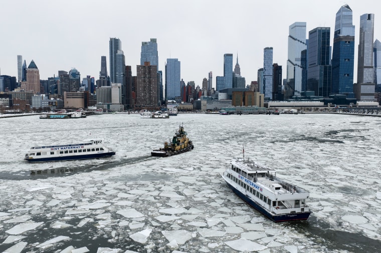 Hudson River partly frozen after winter storm near George Washington Bridge in New York