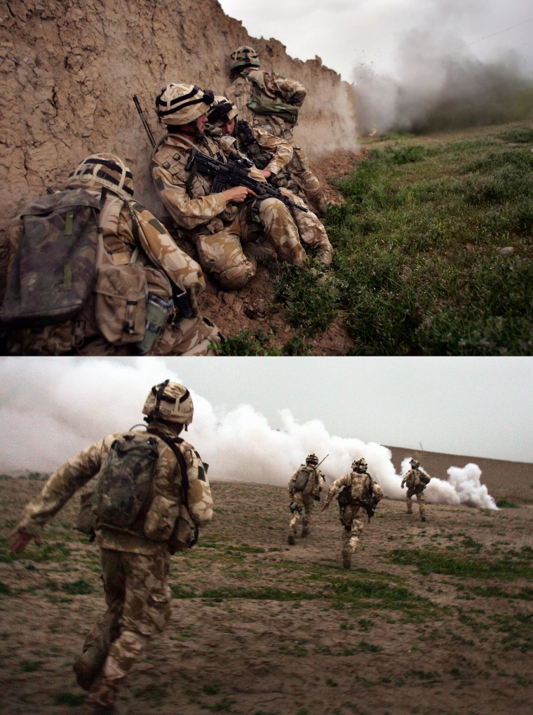 Image: A composite showing two photos of British Marines during an anti-Taliban operation near Kajaki in the Afghan province of Helmand.