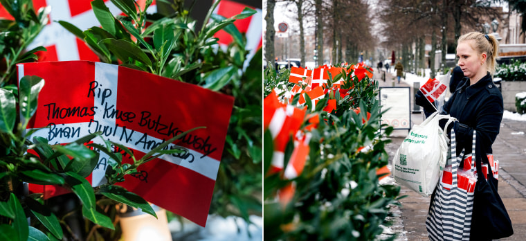 Danish flags are placed Wednesday in front of the U.S. Embassy in Copenhagen, some with names of fallen service members or those who returned after serving with American troops in Afghanistan and Iraq.