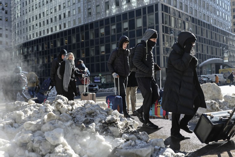 Ice floats on the Hudson River in front of the Manhattan skyline on January 28, 2026. 