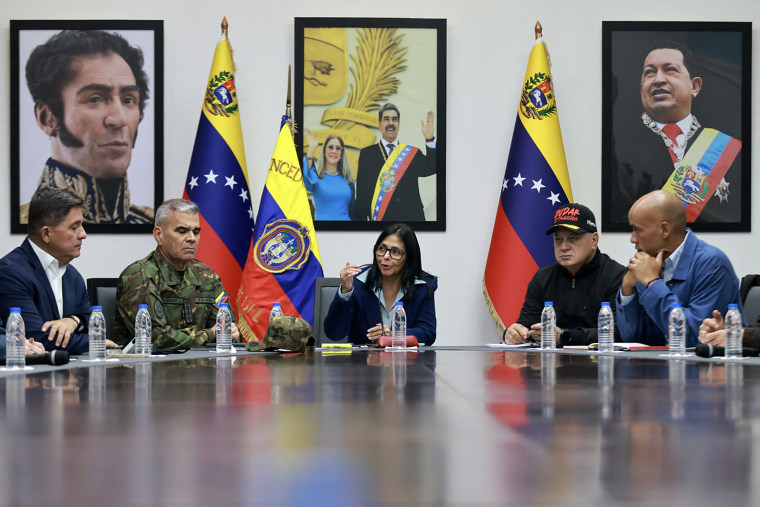 Venezuela's Vice President Delcy Rodriguez, center, speaks during a council of ministers in Caracas on Jan. 4, 2026.
