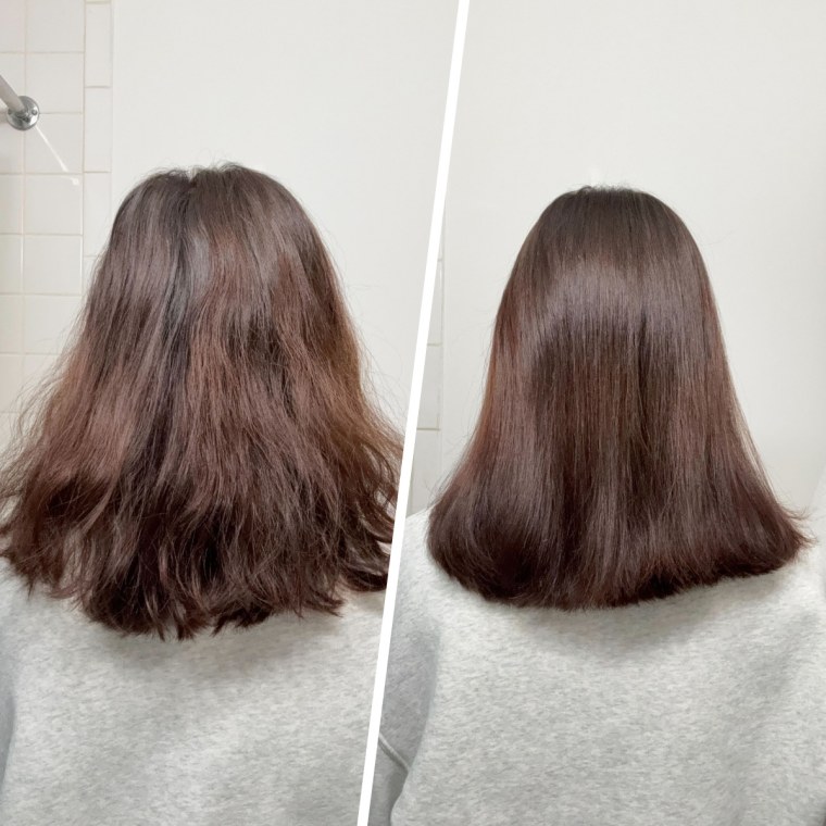 Associate editor Shannon Garlin before and after using the Brazil Edition Restorative Peptide Leave-In Treatment.