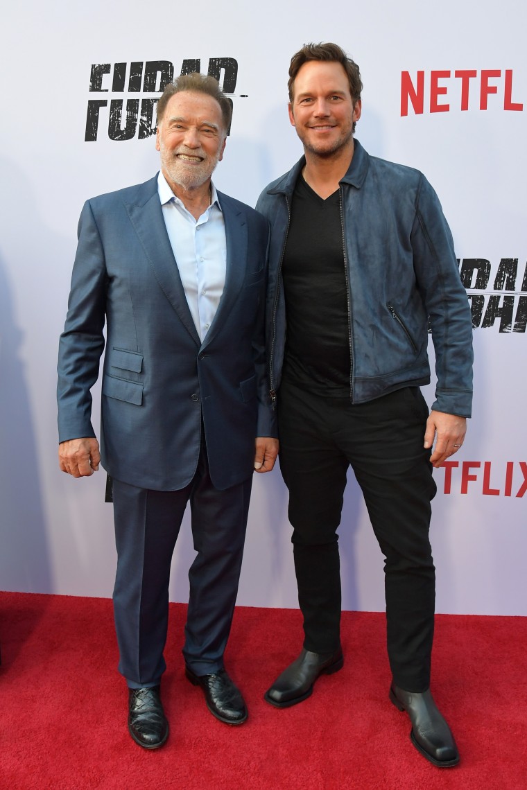 Arnold Schwarzenegger and Chris Pratt at the Los Angeles premiere of "Fubar" Season 2 at Netflix Tudum Theater on June 11, 2025.