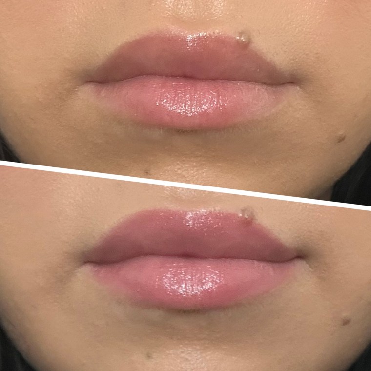 Before (top) and after (bottom); San Miguel wears shade 'Lavish Lilac.'