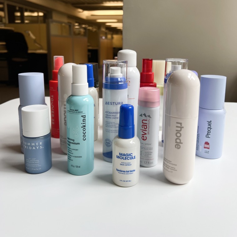 Several facial sprays on a table