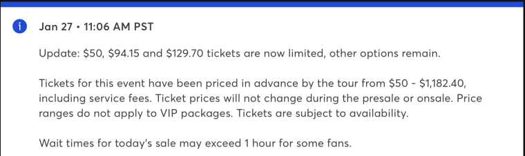 Message from Ticketmaster during presale for Harry Styles "Together Together" Tour tickets. 