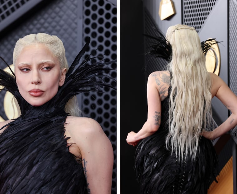 Details of Lady Gaga's hair, body and face.