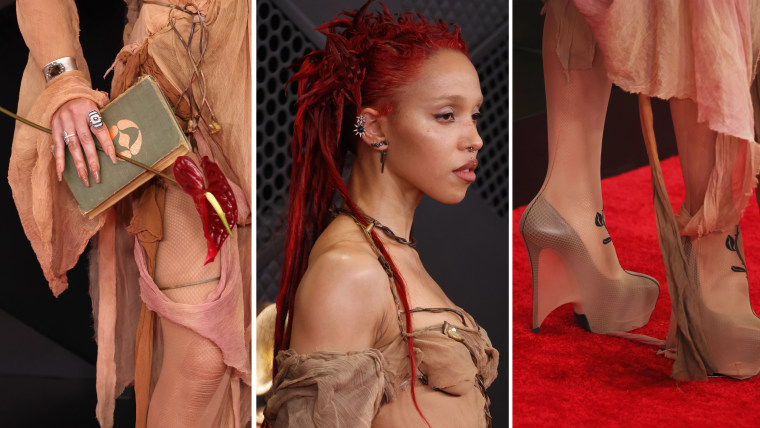 First-time winner FKA twigs stuns in an ethereal ensemble, featuring an anthuriam flower accessory.