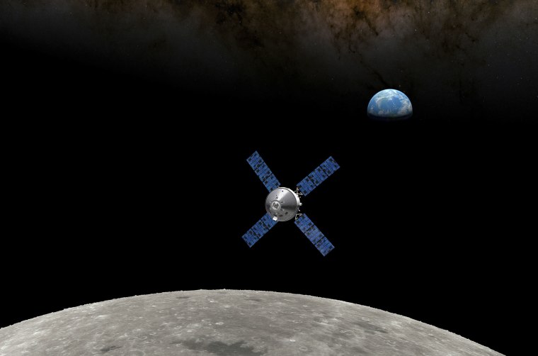 An artist's illustration shows NASA's Orion crewed spacecraft in Moon orbit with Earth in the background.