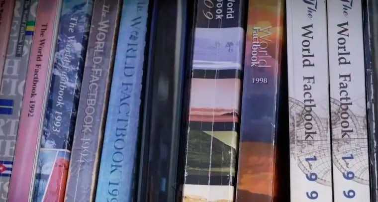 A color image showing the spine of several books, all titled "WORLD FACTBOOK".