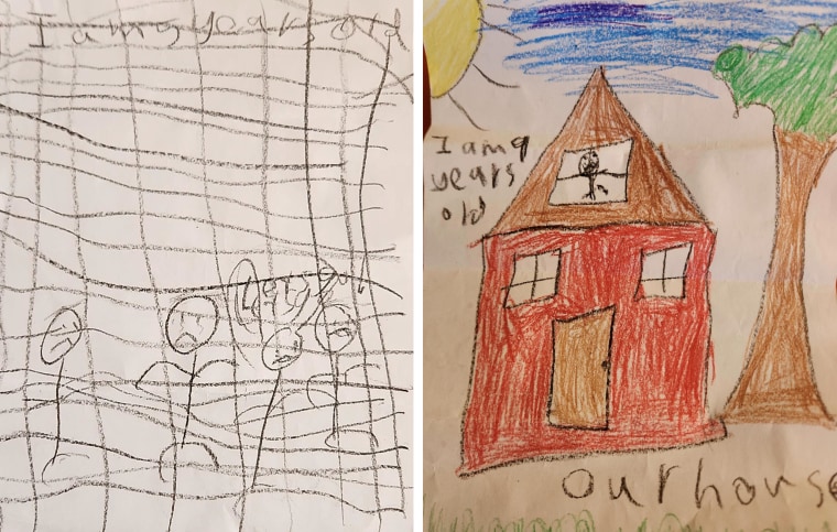 Two children's drawings are displayed in a diptych image.