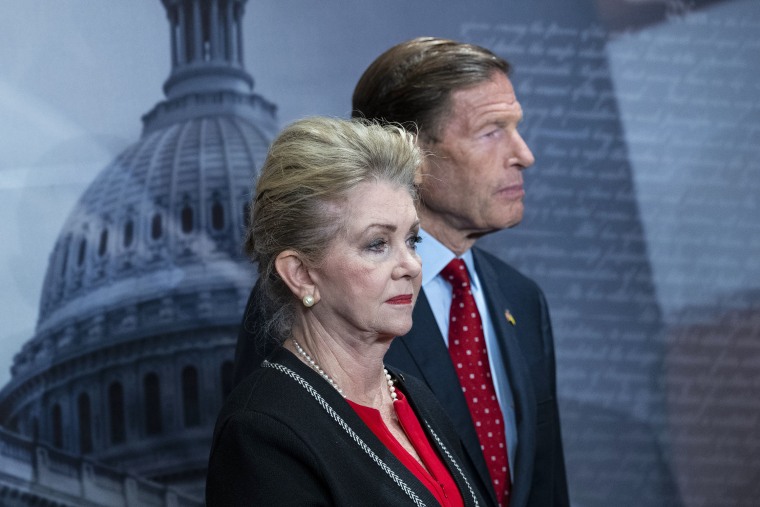 Sens. Marsha Blackburn, R-Tenn., and Richard Blumenthal at the Capitol in 2024.
