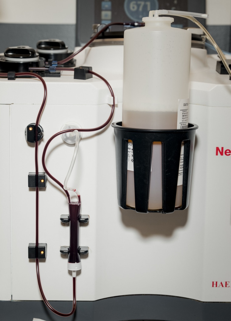 An apheresis machine collects plasma.