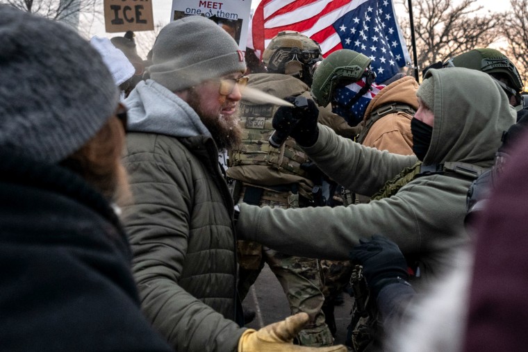 A frequent occurrence in Minneapolis: an officer spraying a protester's face point-blank with less lethal chemicals.