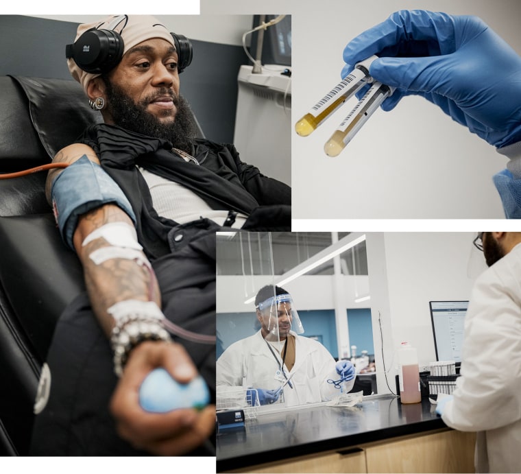 Ian Pleasant donates plasma at the B Positive Plasma donation center in Holmes, Pa.