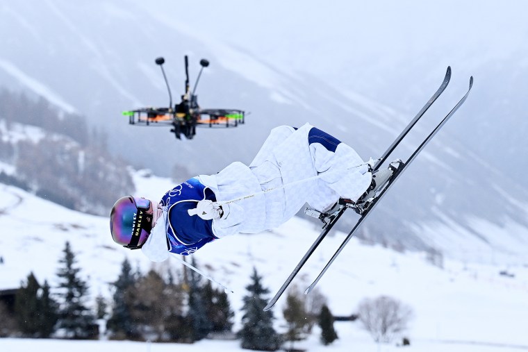 A broadcast drone hovers as Britain's Makayla Gerken Schofield competes in the freestyle skiing women's moguls qualification 1 on Tuesday.