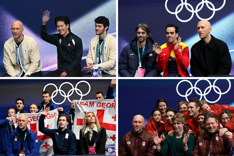 Clockwise from top left: Richaud appears in the kiss and cry zone at the Milan Games with France's Adam Siao Him Fa, Tomas Guarino Sabate of Team Spain, Team Canada and Team Georgia. 