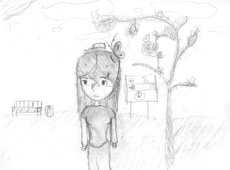 A pencil sketch drawing of a girl with a butterfly on her hair, standing outside near a growing tree and a park bench