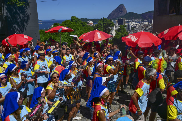 A group of people perform in the street during the Rio de Janeiro carnival. 