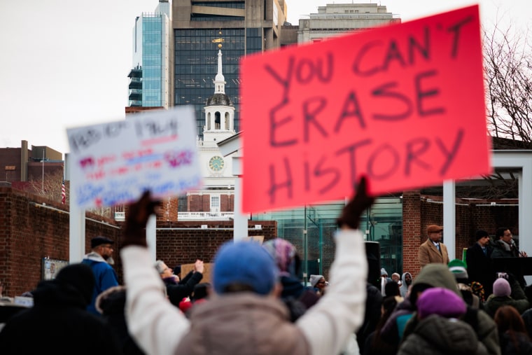 Activists during a rally held by Avenging The Ancestors Coalition at the President's House Site in Philadelphia on Feb. 10.