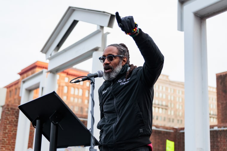 Michael Coard, founder of Avenging The Ancestors Coalition during a rally held by ATAC at the President's House Site in Philadelphia on Feb. 10.